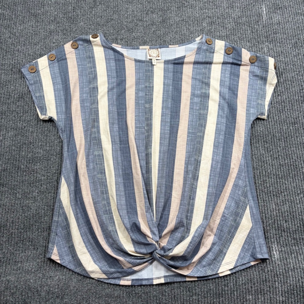 Cause And Effect Shirt Womens XL Blue Tan Striped Twist Front Button Shoulder